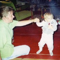 Becky baby Caitlin walks with ratty